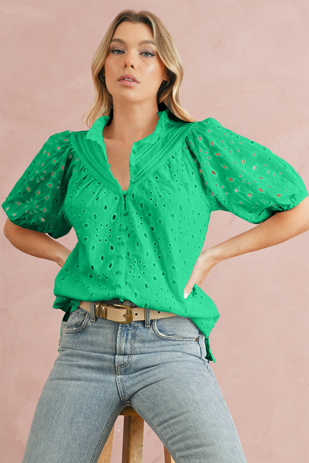 Eyelet Short Puff Sleeve Blouse