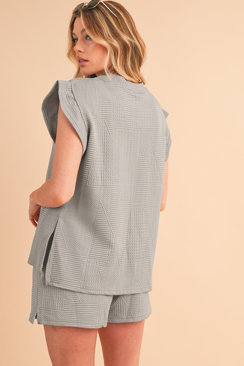 Textured Ruffle Top and Drawstring Shorts Set