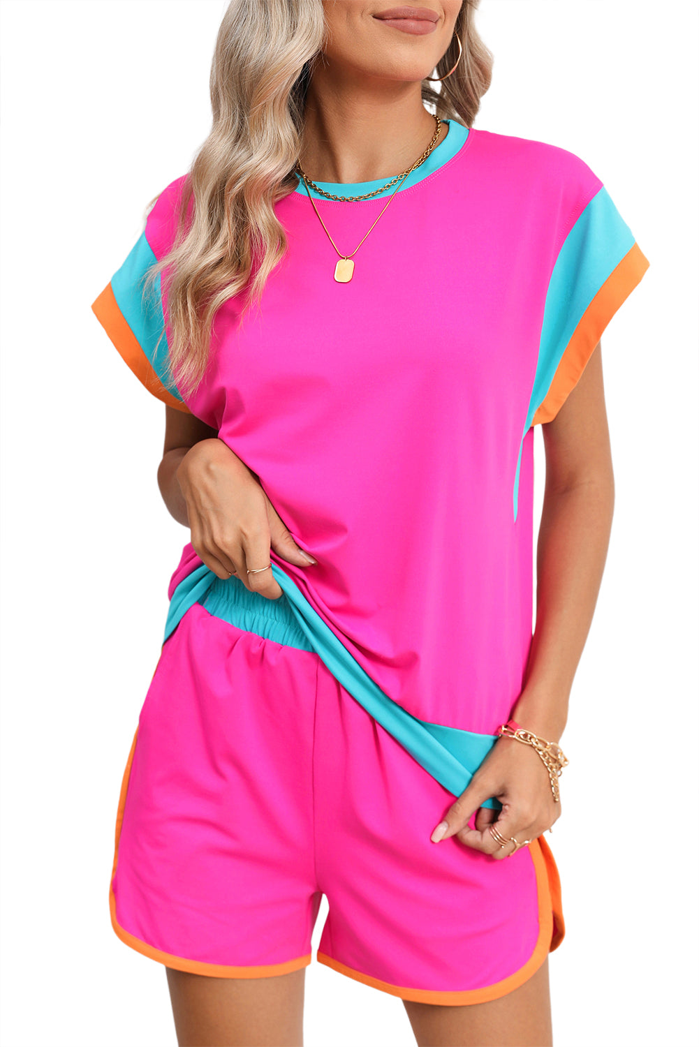 Color-Block Top and Elastic Waist Shorts Set