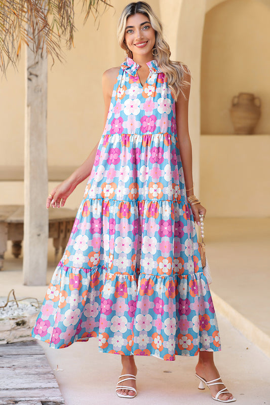 Lina Retro Floral Sleeveless Tiered Maxi Dress