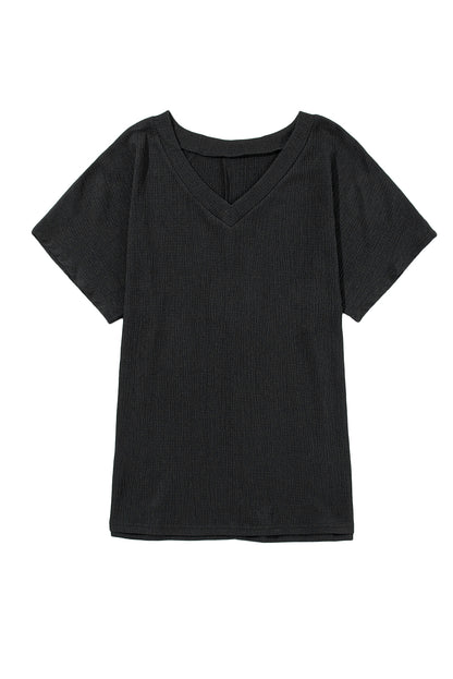 Basic Plain Textured V Neck T-Shirt