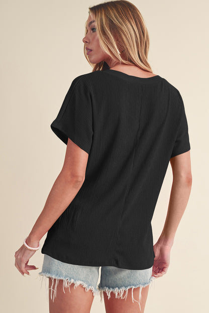 Basic Plain Textured V Neck T-Shirt