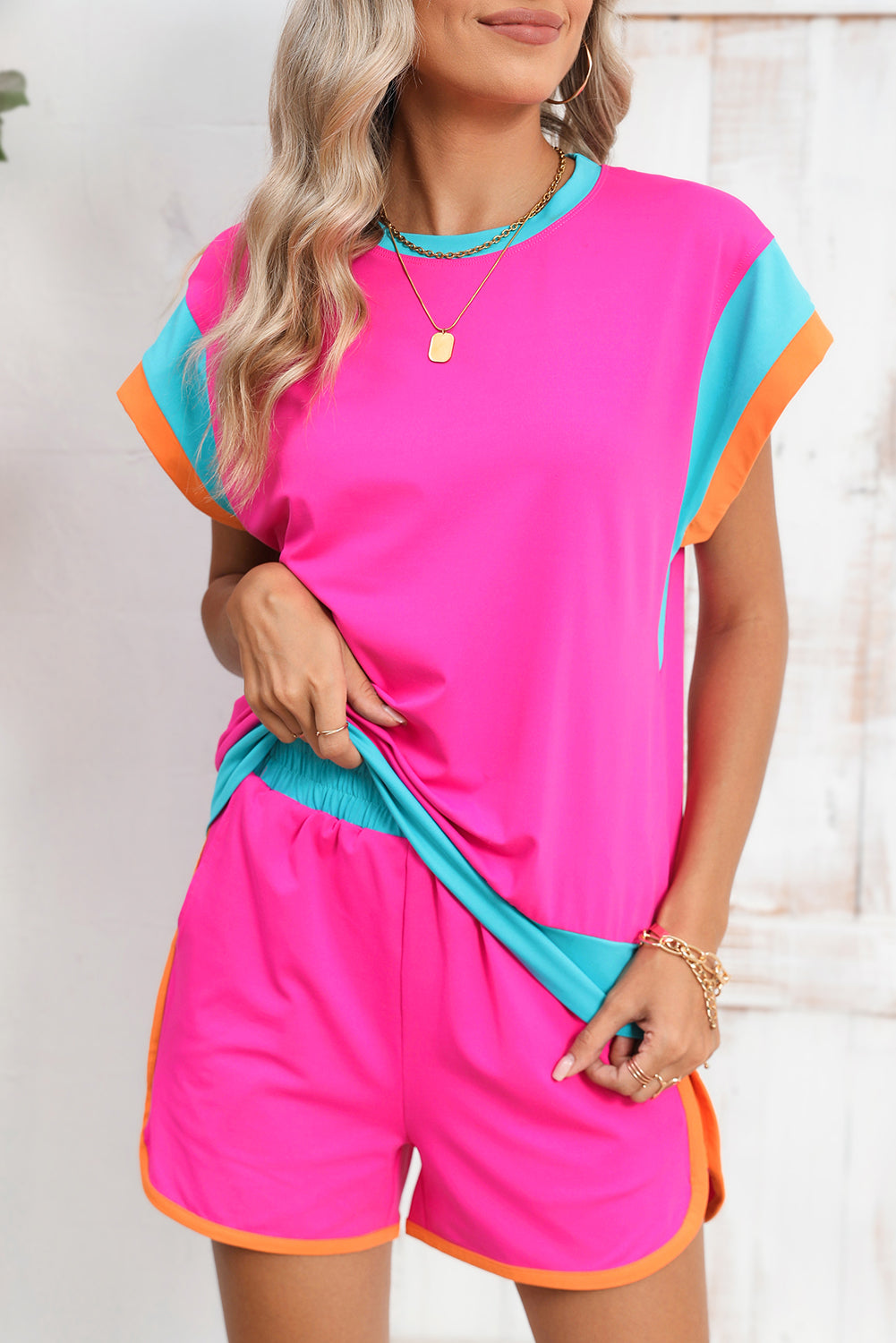 Color-Block Top and Elastic Waist Shorts Set
