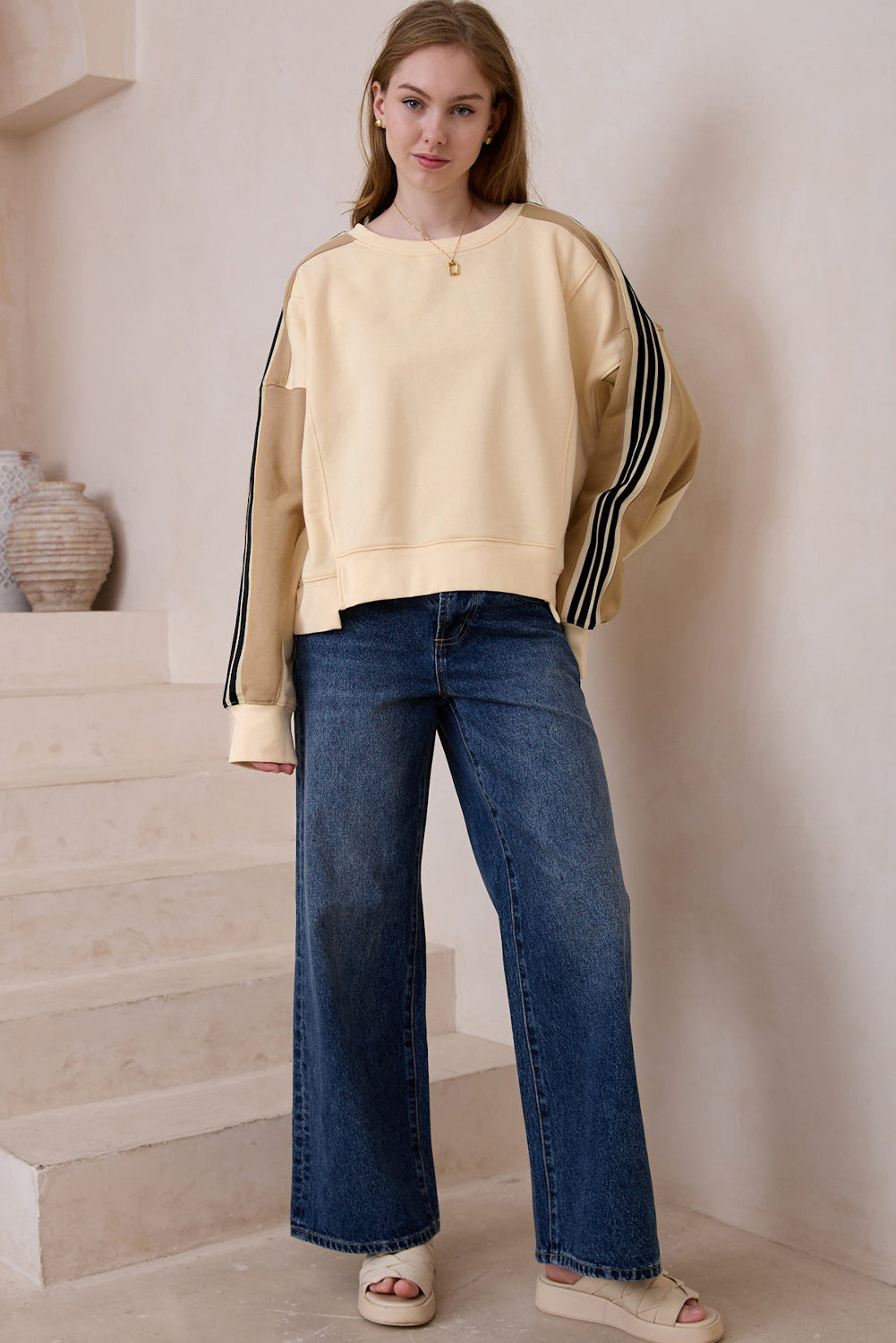 Beige Striped Colour-block Drop Sleeve Sweatshirt
