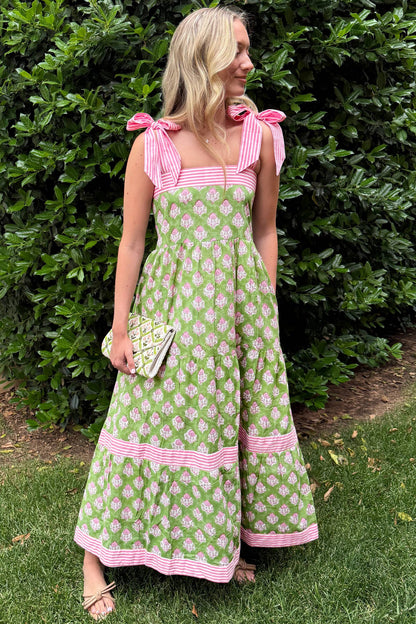 Sage Floral Knot Straps Maxi Dress