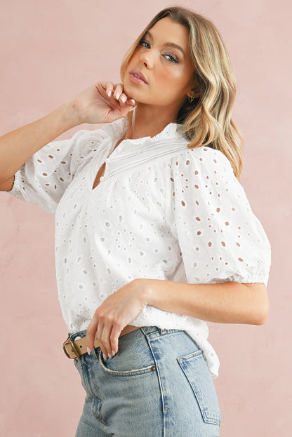 Eyelet Short Puff Sleeve Blouse