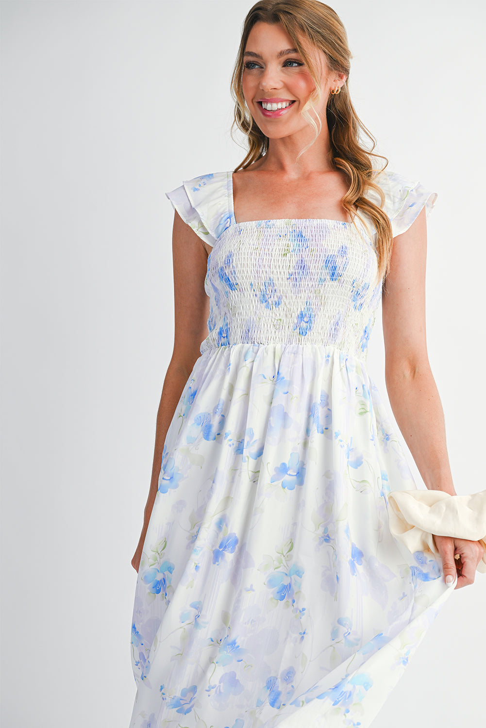 Sky Blue Floral Smocked Maxi Dress