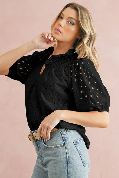 Eyelet Short Puff Sleeve Blouse