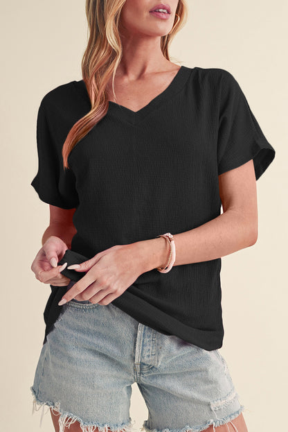 Basic Plain Textured V Neck T-Shirt