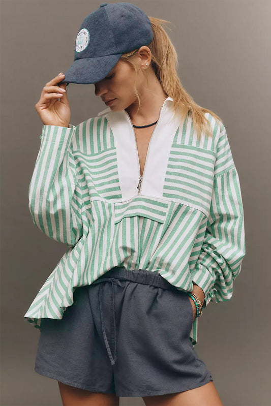 Verde Striped Zipper Collar Long Sleeve Top