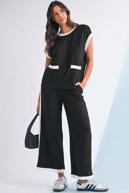Nia Contrast Trim T-Shirt and Wide Leg Pants Set
