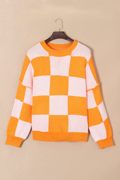 Checked Bishop Sleeve Pullover Sweater