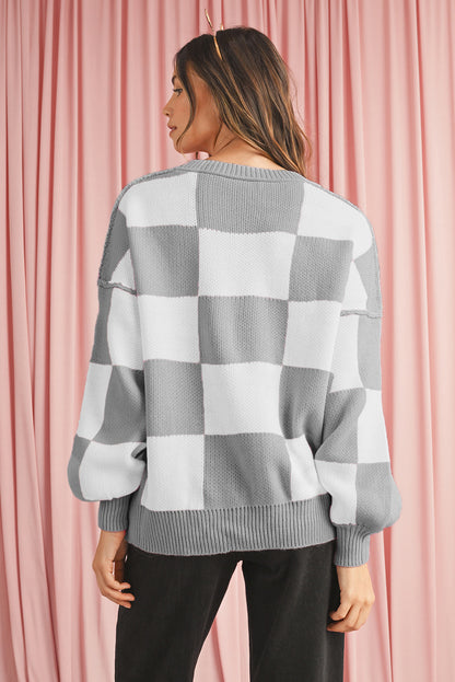 Checked Bishop Sleeve Pullover Sweater
