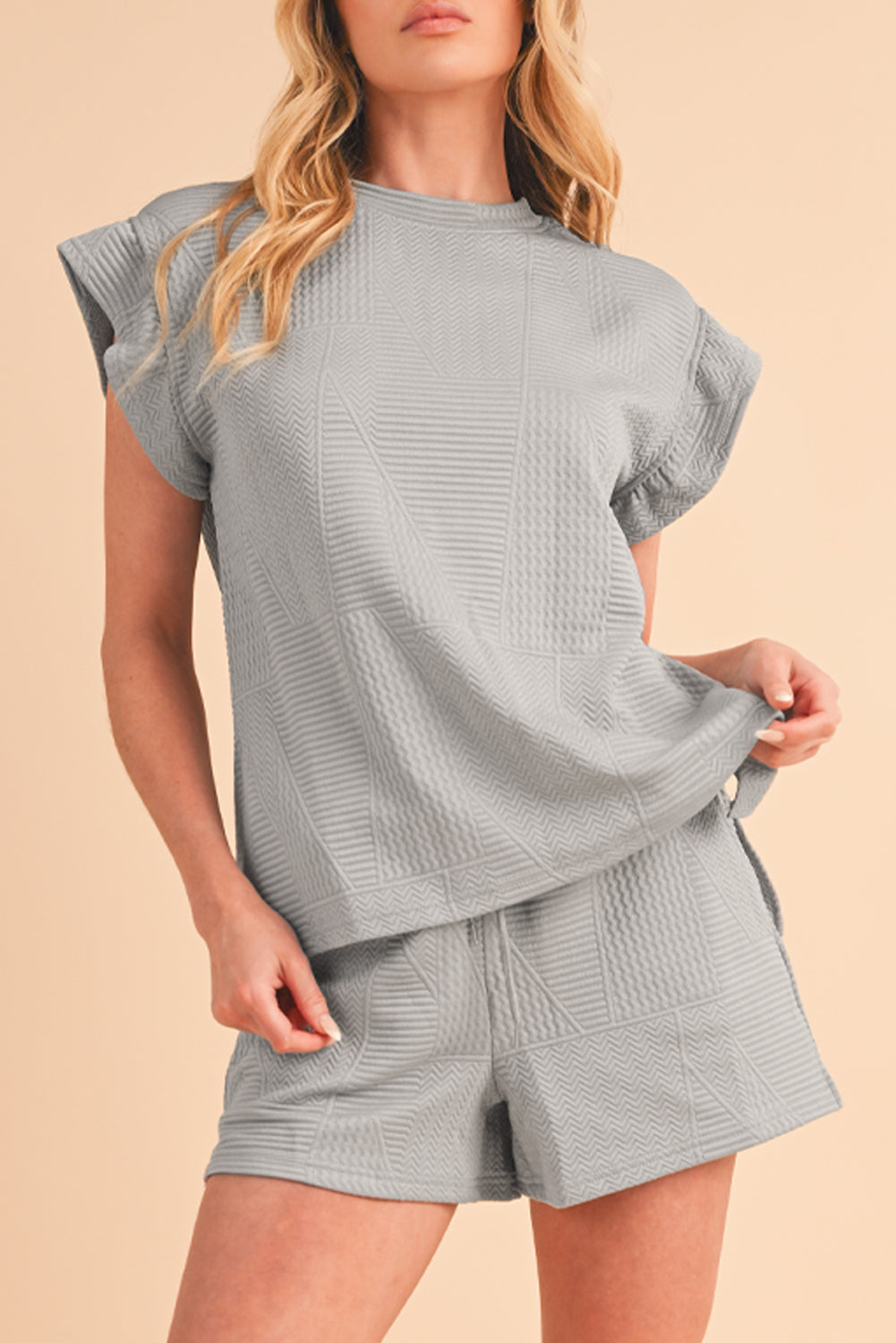 Textured Ruffle Top and Drawstring Shorts Set