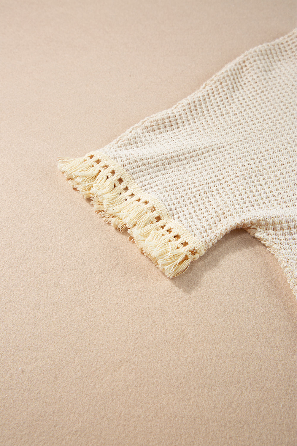 Fringe Trim Waffle Knit Textured Shorts Set
