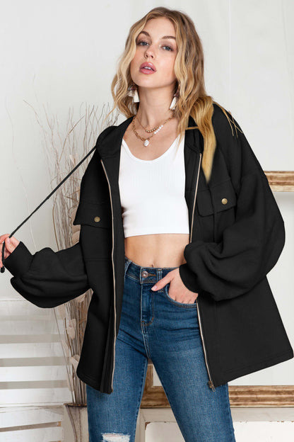 Flap Pockets Bishop Sleeve Zip Up Hoodie
