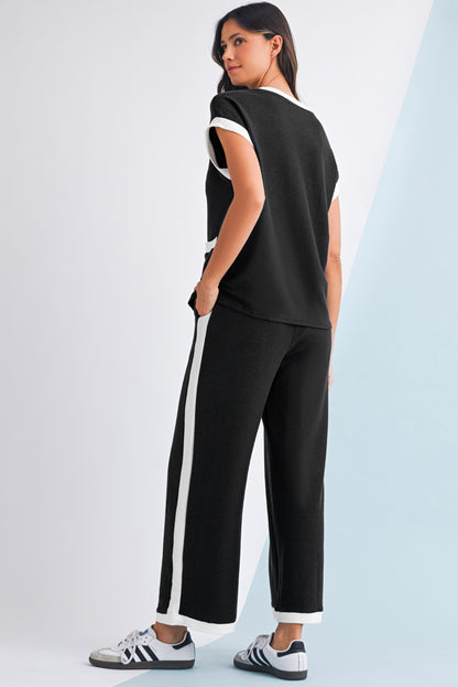 Nia Contrast Trim T-Shirt and Wide Leg Pants Set