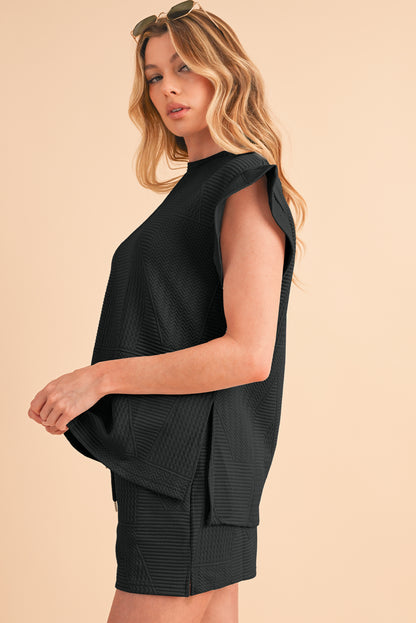 Textured Ruffle Top and Drawstring Shorts Set