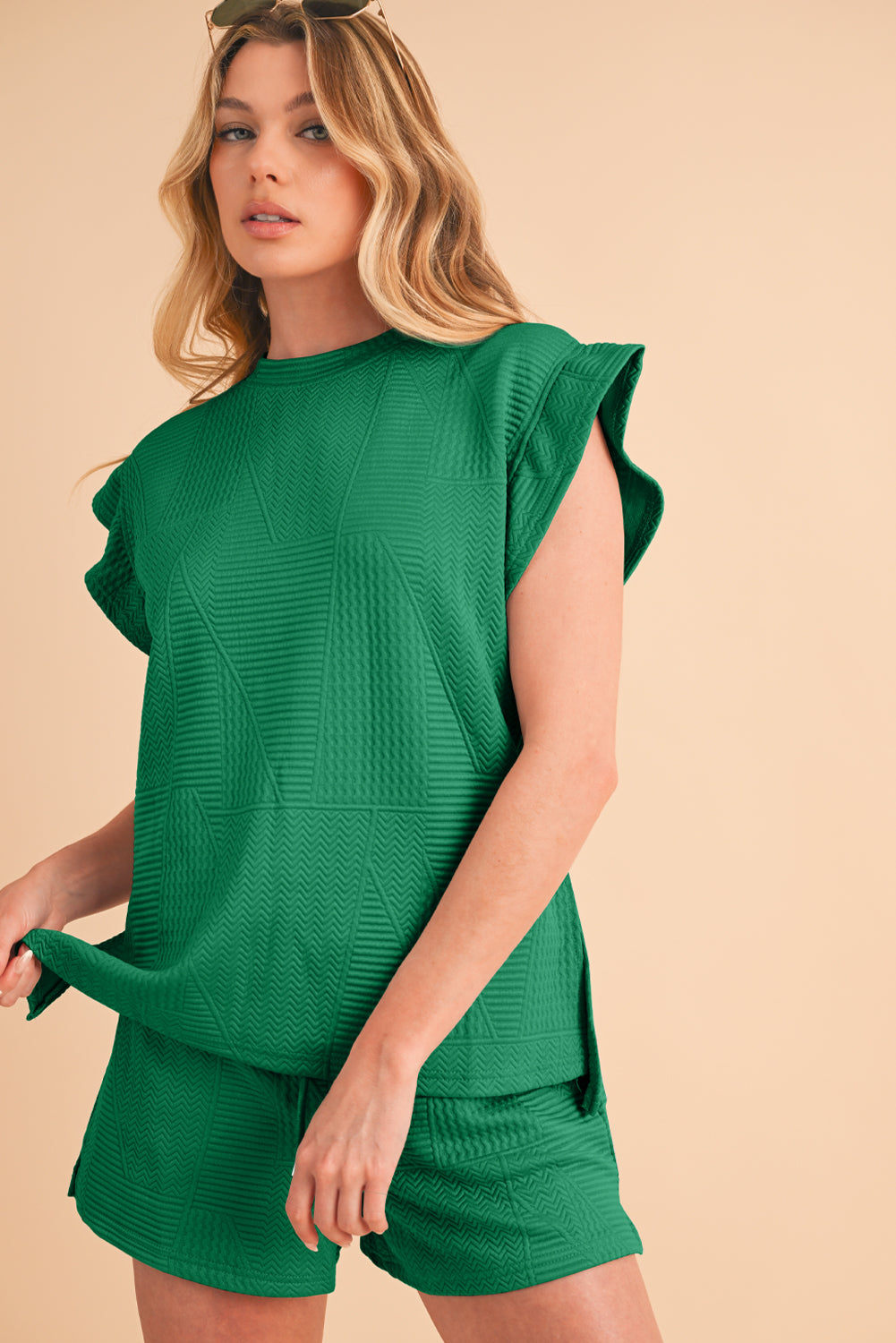 Textured Ruffle Top and Drawstring Shorts Set