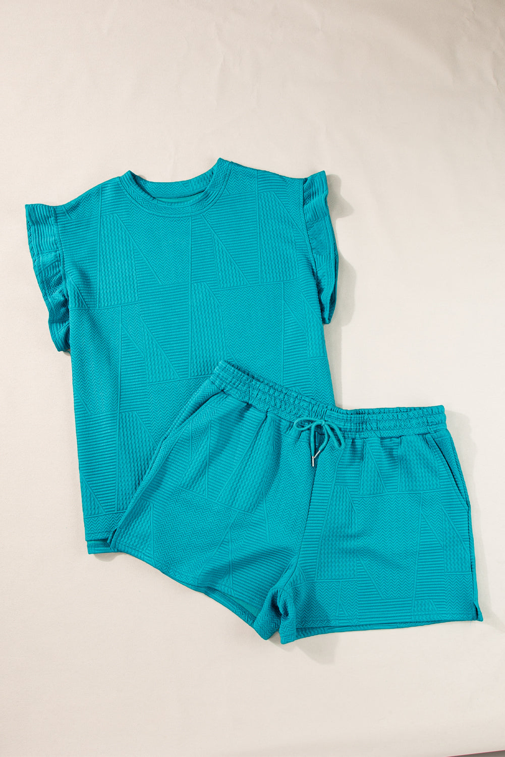 Textured Ruffle Top and Drawstring Shorts Set