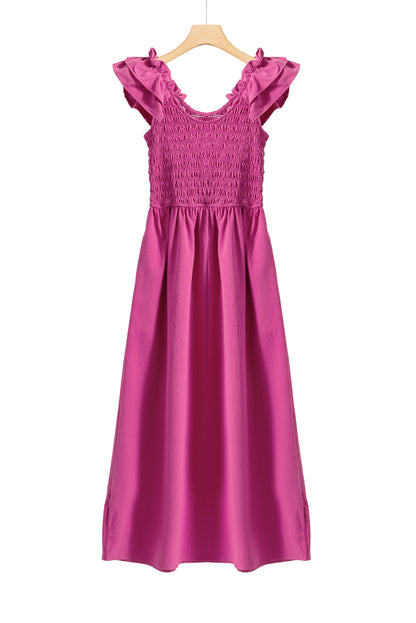 Rose Red Crinkled Ruffle Strap Smocked Midi Dress