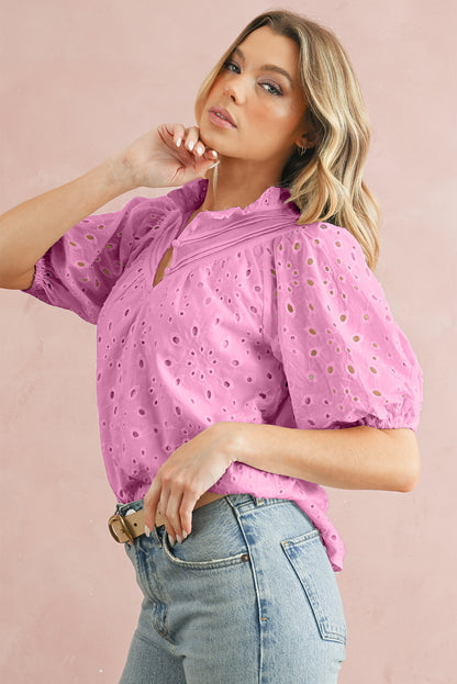 Eyelet Short Puff Sleeve Blouse