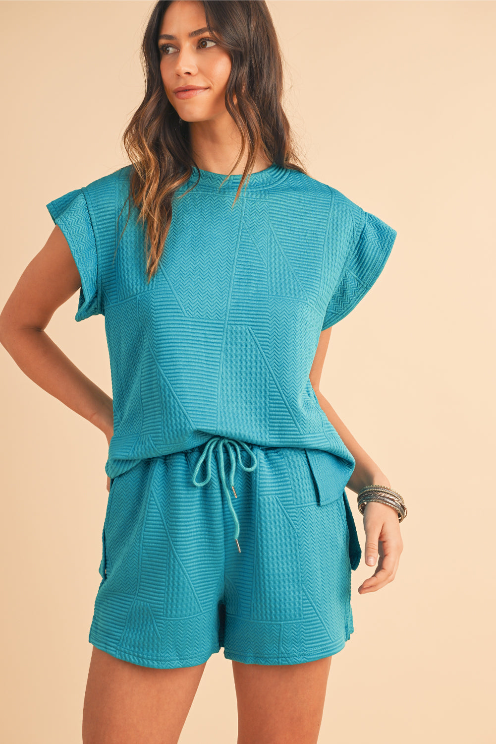 Textured Ruffle Top and Drawstring Shorts Set