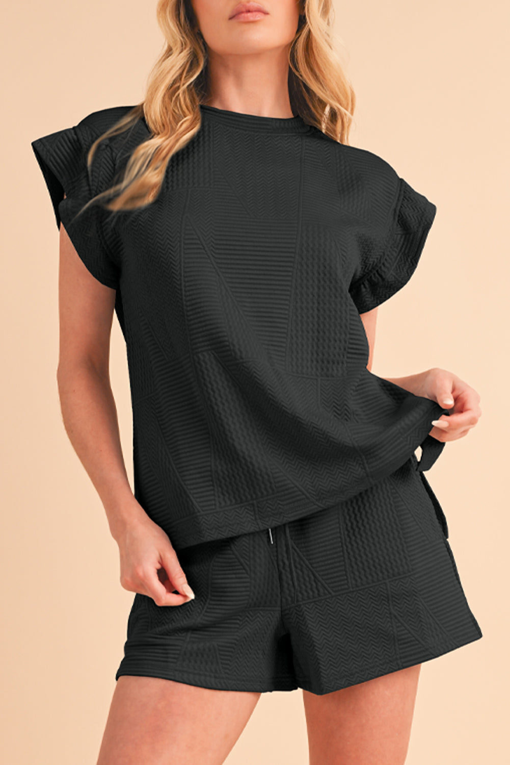 Textured Ruffle Top and Drawstring Shorts Set