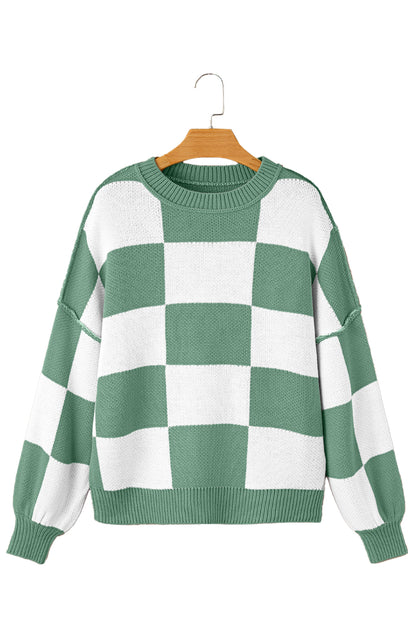 Checked Bishop Sleeve Pullover Sweater