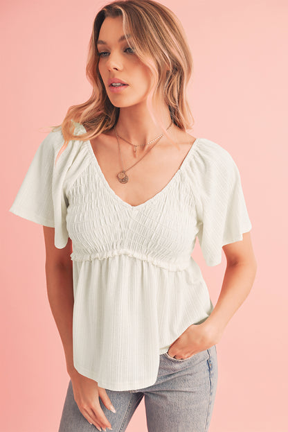 Smocked V-Neck Flutter Sleeve Blouse