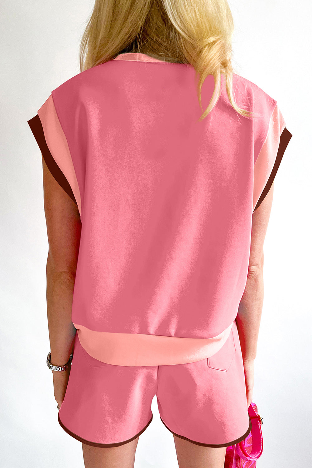 Color-Block Top and Elastic Waist Shorts Set
