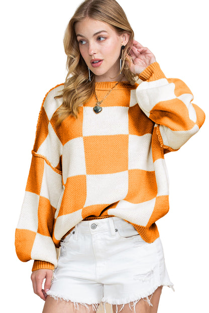 Checked Bishop Sleeve Pullover Sweater