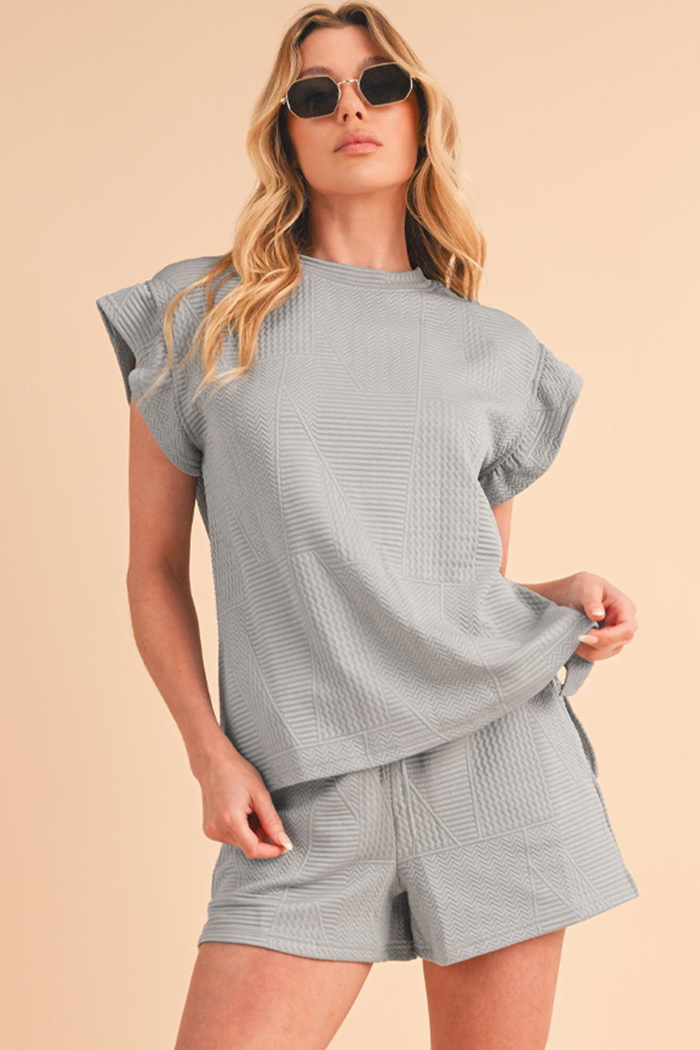Textured Ruffle Top and Drawstring Shorts Set