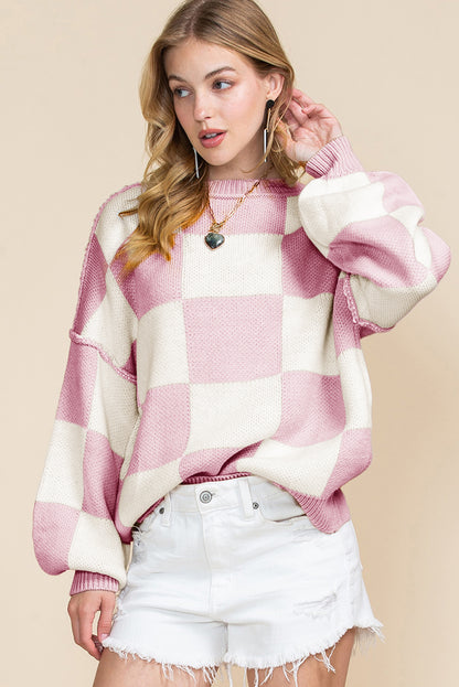 Checked Bishop Sleeve Pullover Sweater