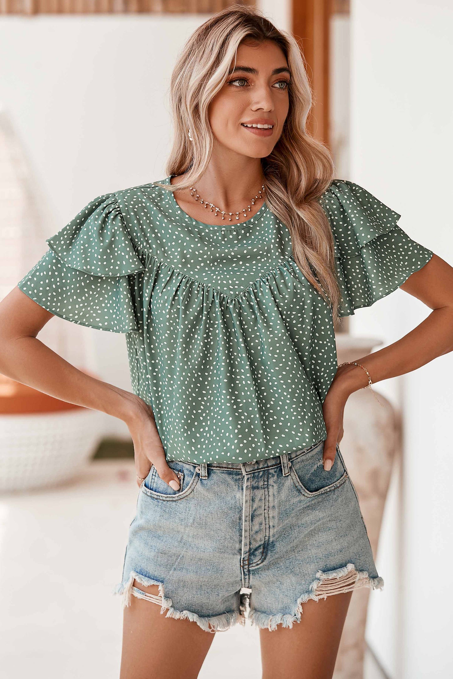 Printed Ruffle Sleeve Blouse