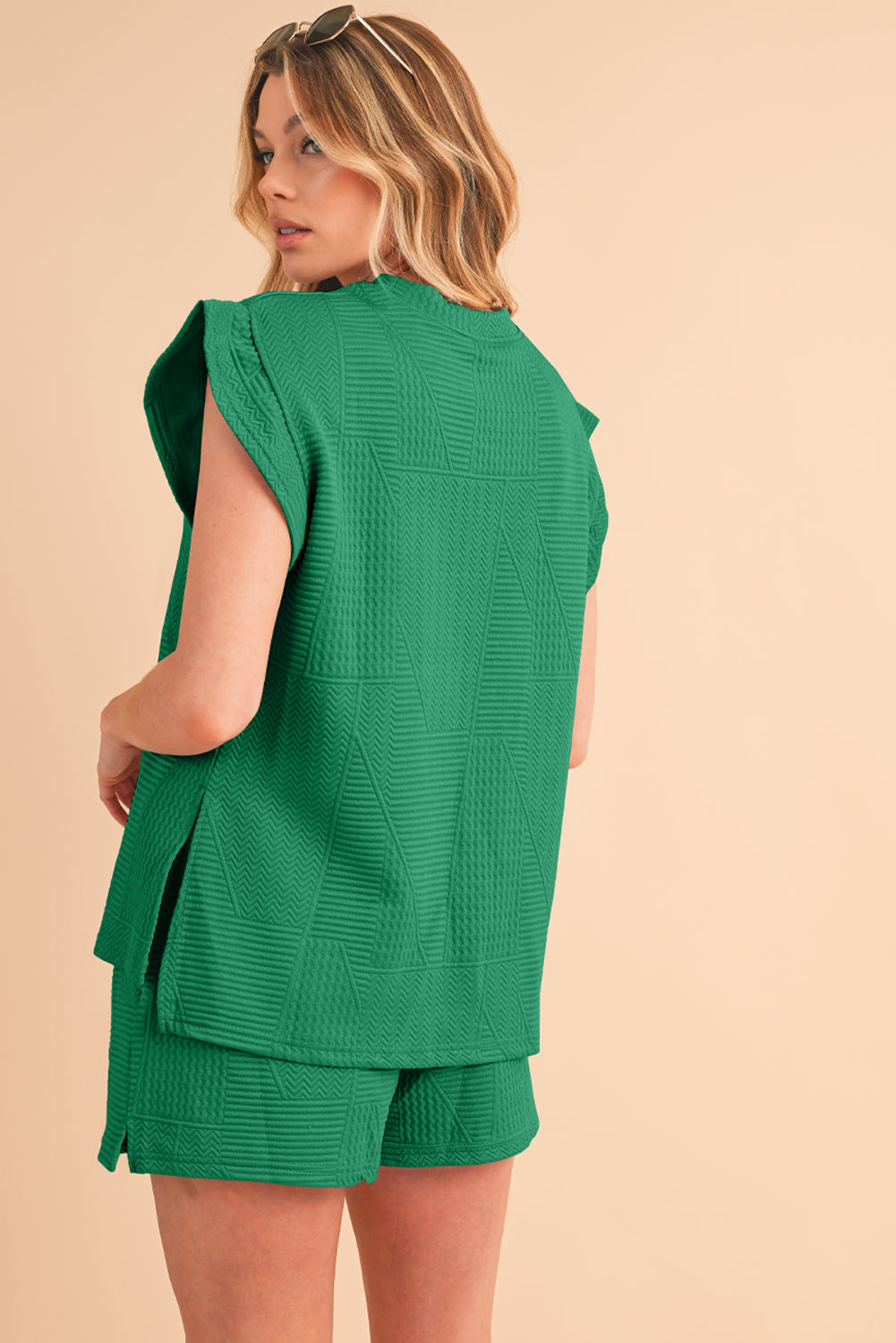 Textured Ruffle Top and Drawstring Shorts Set