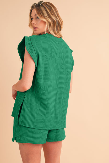 Textured Ruffle Top and Drawstring Shorts Set