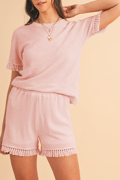Fringe Trim Waffle Knit Textured Shorts Set