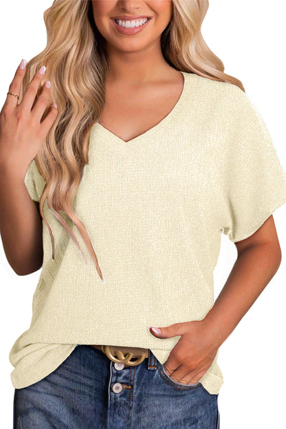Basic Plain Textured V Neck T-Shirt