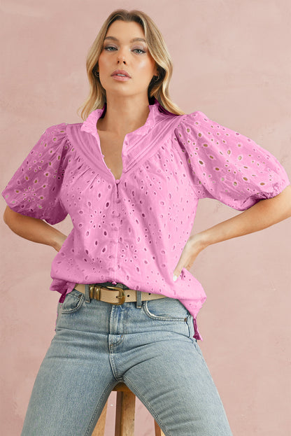 Eyelet Short Puff Sleeve Blouse