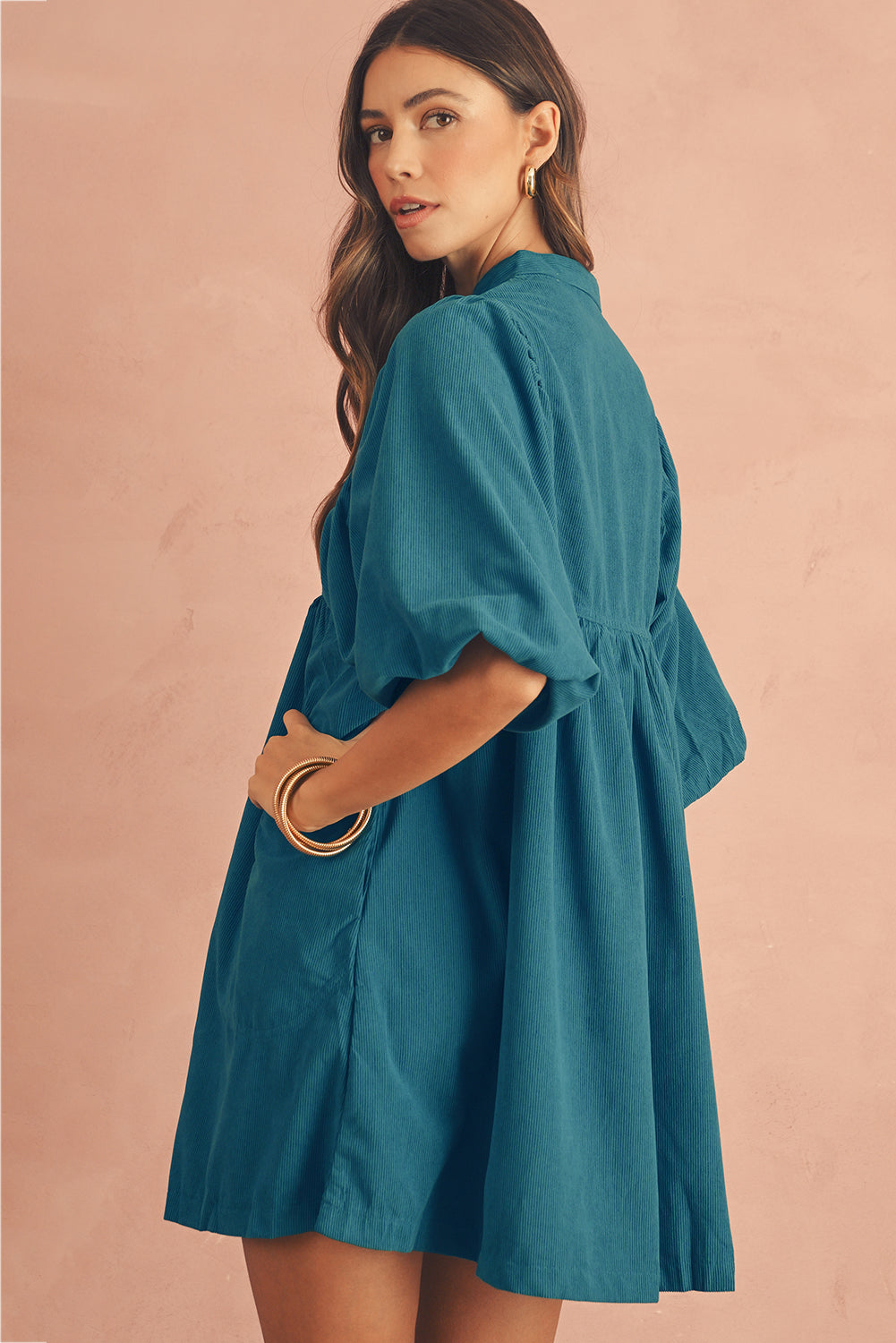 Corduroy Empire Waist Lantern Sleeve Dress
