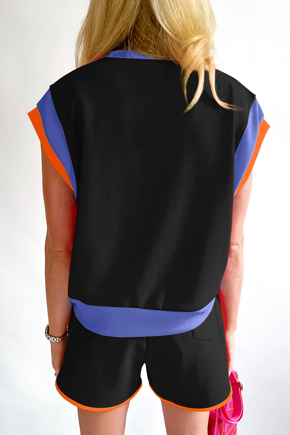 Color-Block Top and Elastic Waist Shorts Set