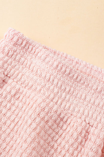 Fringe Trim Waffle Knit Textured Shorts Set