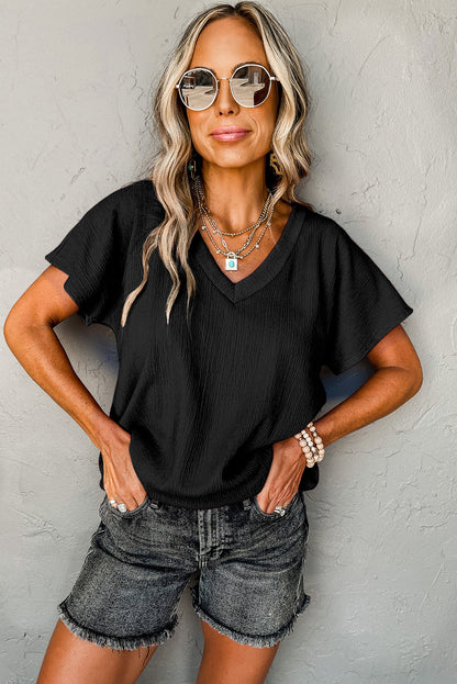 Basic Plain Textured V Neck T-Shirt