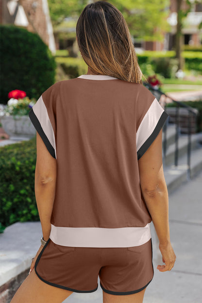 Color-Block Top and Elastic Waist Shorts Set