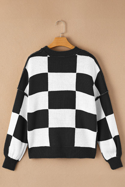 Checked Bishop Sleeve Pullover Sweater