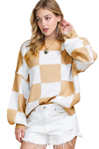 Checked Bishop Sleeve Pullover Sweater