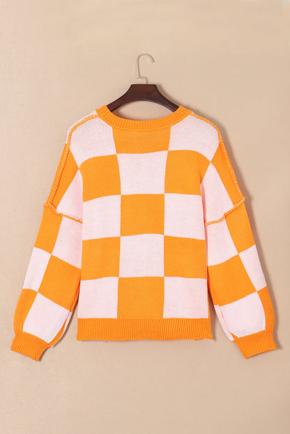 Checked Bishop Sleeve Pullover Sweater