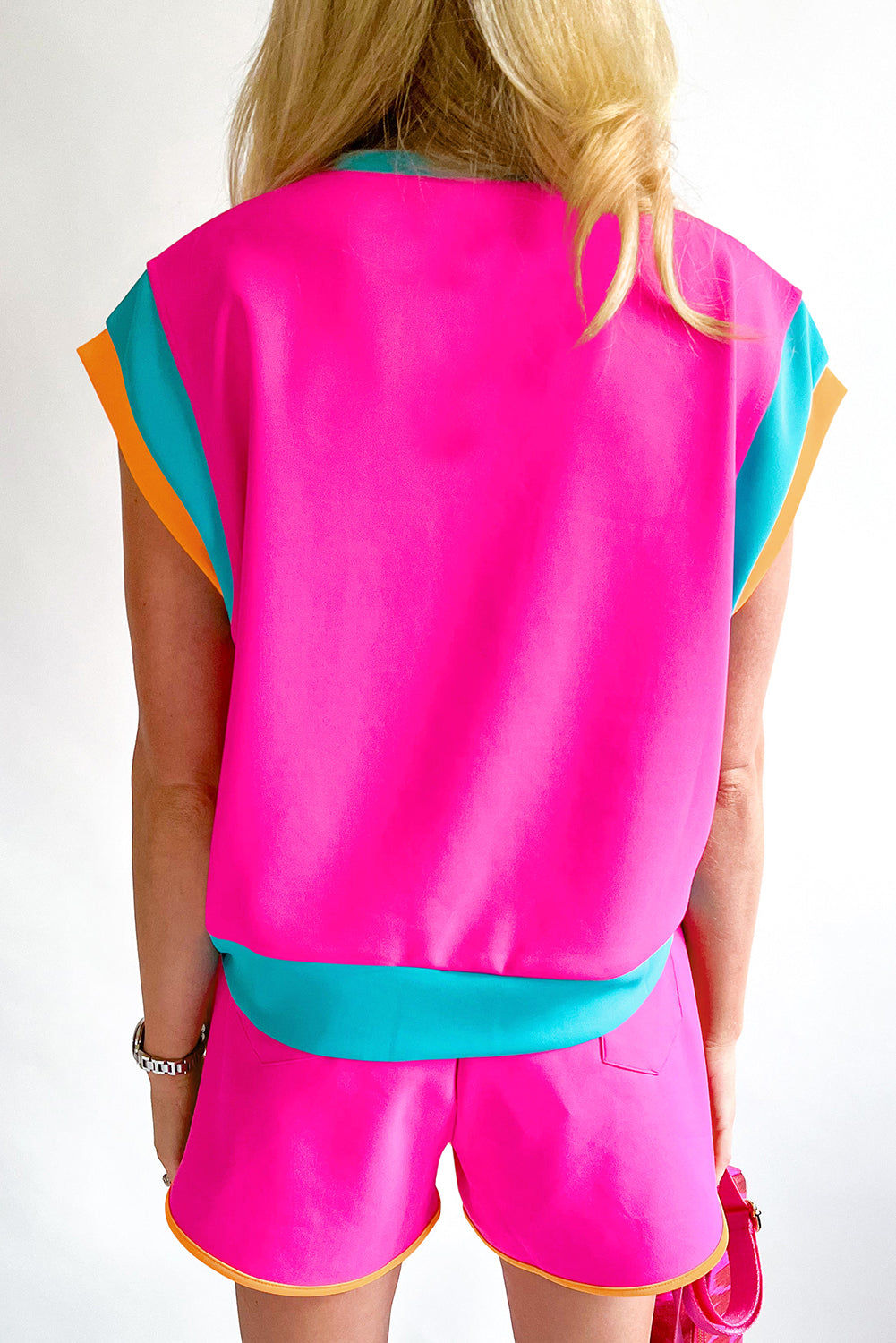 Color-Block Top and Elastic Waist Shorts Set