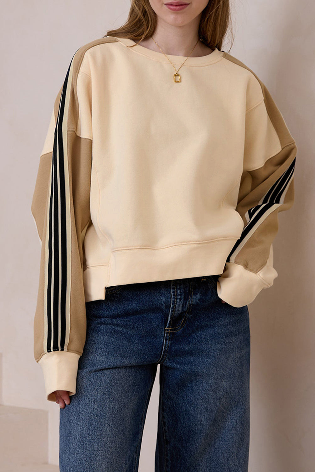 Beige Striped Colour-block Drop Sleeve Sweatshirt